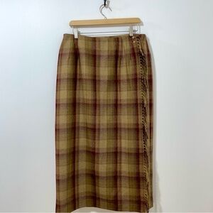 Talbots Vintage Tan Warm Wool Plaid Blanket Fringe Wrap Midi Skirt [size 16W]